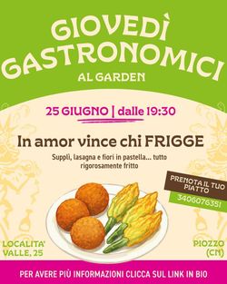 Menu poster for Baladin Open Garden's Gastronomic Thursday featuring fried supplì, lasagna, and stuffed zucchini flowers.