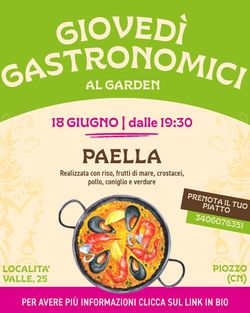 Offerta gastronomica al Baladin Open Garden con paella a base di riso, frutti di mare, crostacei, pollo, coniglio e verdure.