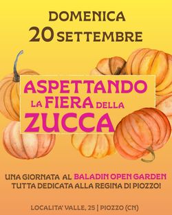 Ankündigung für ein Event am 20. September im Baladin Open Garden mit Kürbis als Thema. Veranstaltungsort in Piozzo.