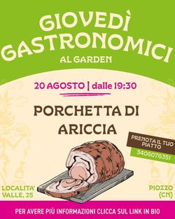 Event at Baladin Open Garden on August 20 at 19:30 featuring Porchetta di Ariccia, with location and reservation details.