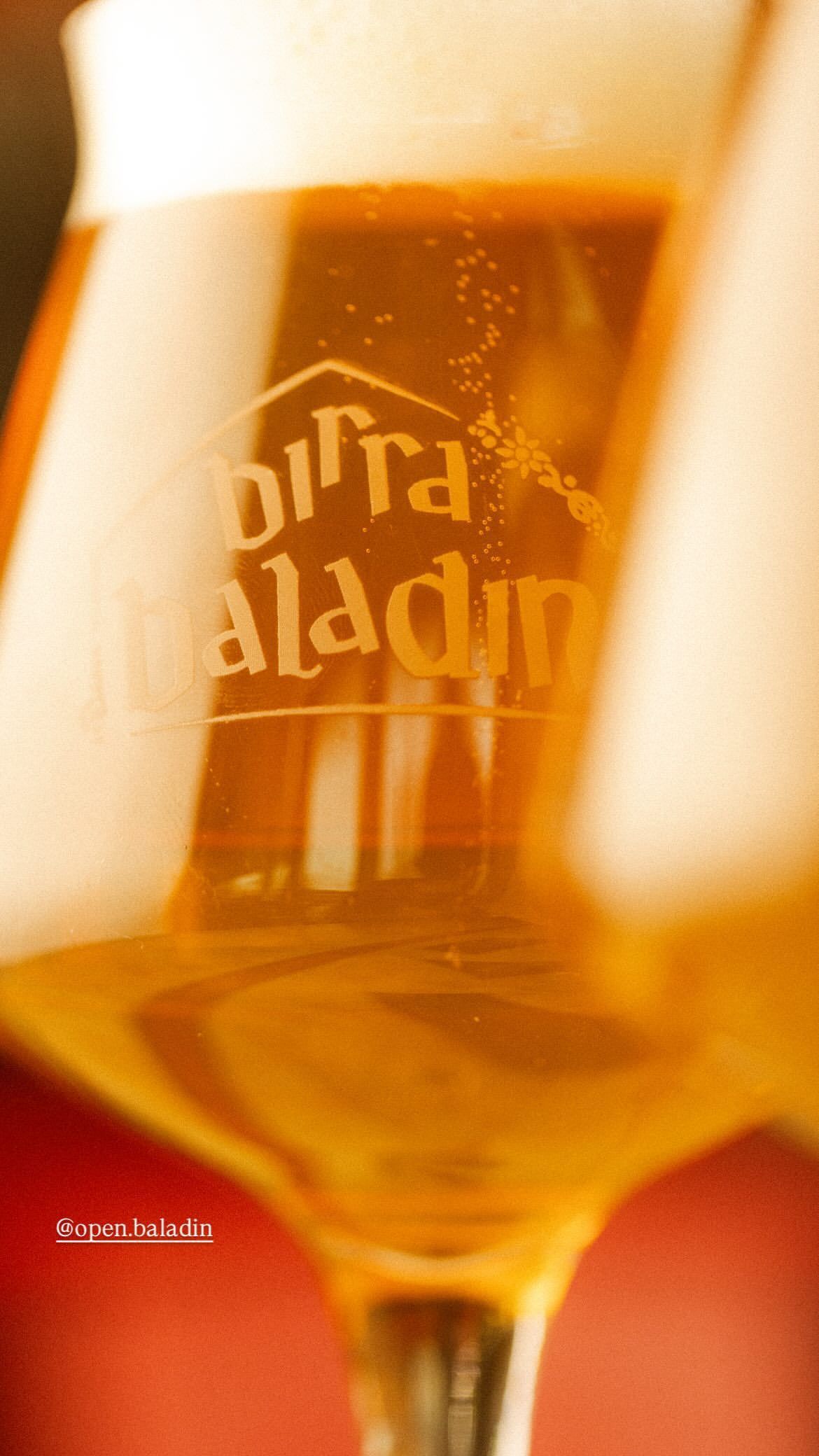 Close-up of a craft beer glass with the Birra Baladin logo etched on the glass, golden beer visible inside.